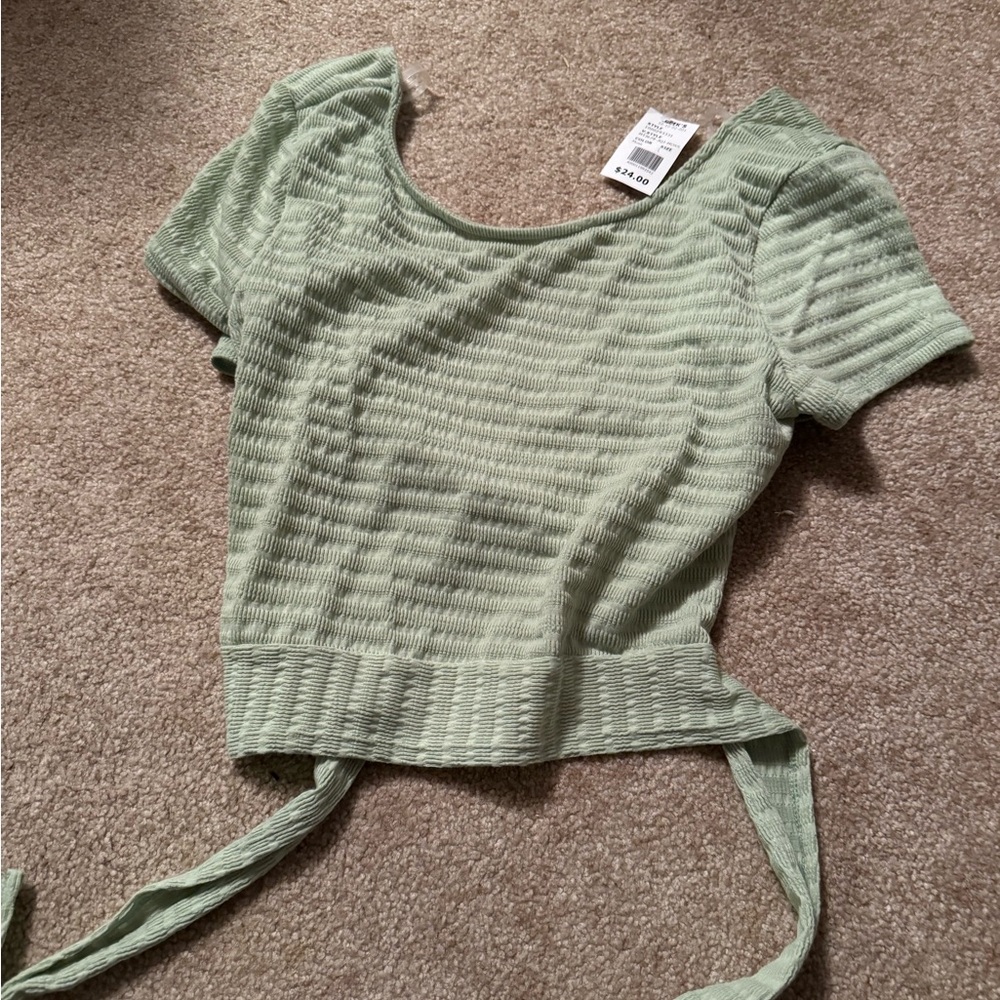 Green Ribbed Crop Top with Tie Front
